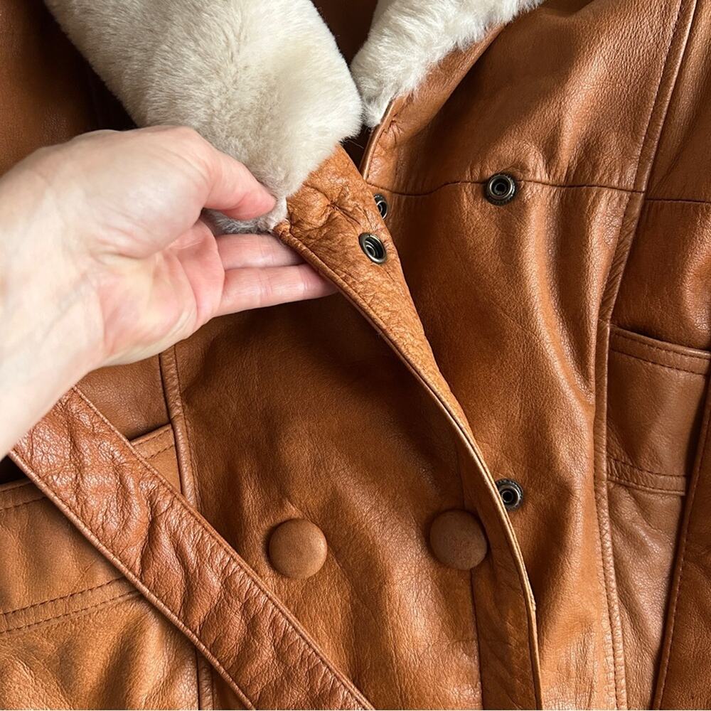 Penny Lane Shearling Trim Leather Coat Boho 70s Revival Oversized L Wilsons - Picture 12 of 16